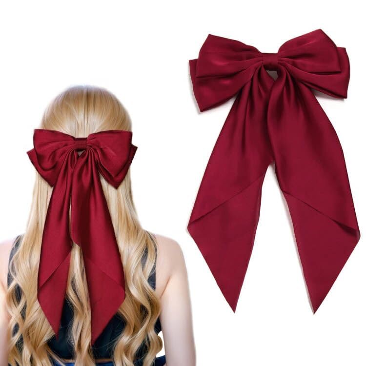 Women Big Bow Barrettes Girl's Satin Hairclips Long Ribbon Hair Pins Accessories For Party (Burgundy)