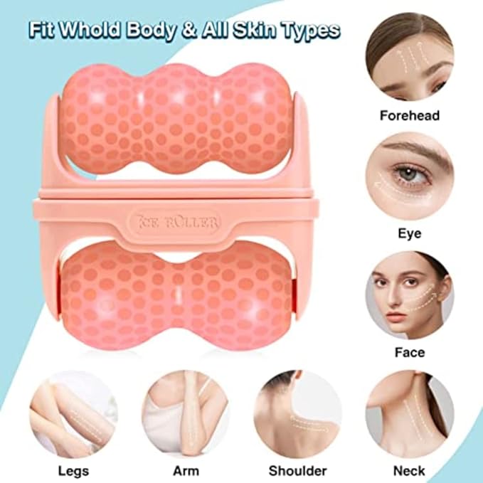 2-in-1 Face Skin Care Tool - Personal Cooling Ice Roller Massager for Eye Puffiness, Migraine, TMJ Pain Relief & Minor Injury (Pink)