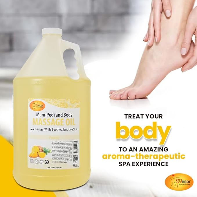 SPA REDI - Massage Oil, Pineapple, 128 Oz - Professional Pedicure, Manicure, Full Body Massage Therapy, Made with Almond Oil, Cotton Seed Oil, Sunflower Oil, Avocado Oil, Essential Oils, Vitamin E