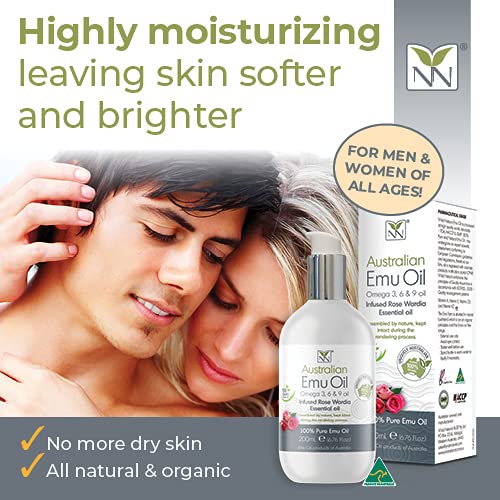 Y-Not Natural Ultra Pure Australian Emu Oil - Luxury, Hospital Grade Emu Oil 200 mL | Free Range Aboriginal Omega 3, 6 & 9 Oil Infused with Rose Wardia - The Ultimate Moisturizer for Skin, Hair, Nails, and Scalp