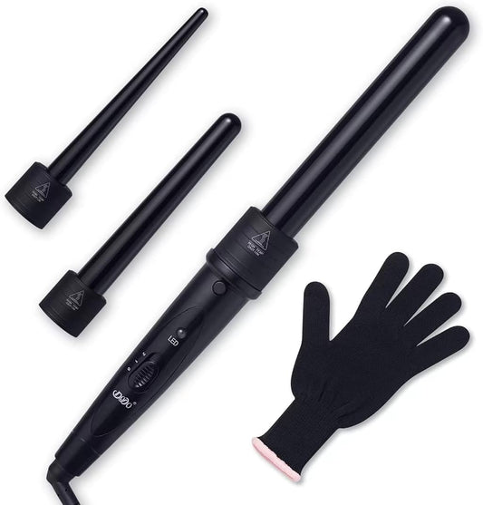 iMissiu Tourmaline 3 in 1 Curling Wand Set with 3 Interchangeable Curling Iron Ceramic Barrels with Heat Resistant Glove – Black