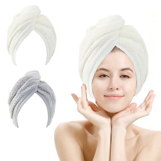 2 Pack Hair Towel Wrap,Absobent Hair Drying Towel with Buttons, Microfiber Hair Towel Wrap to Dry Hair Quickly (Beige&Gray)