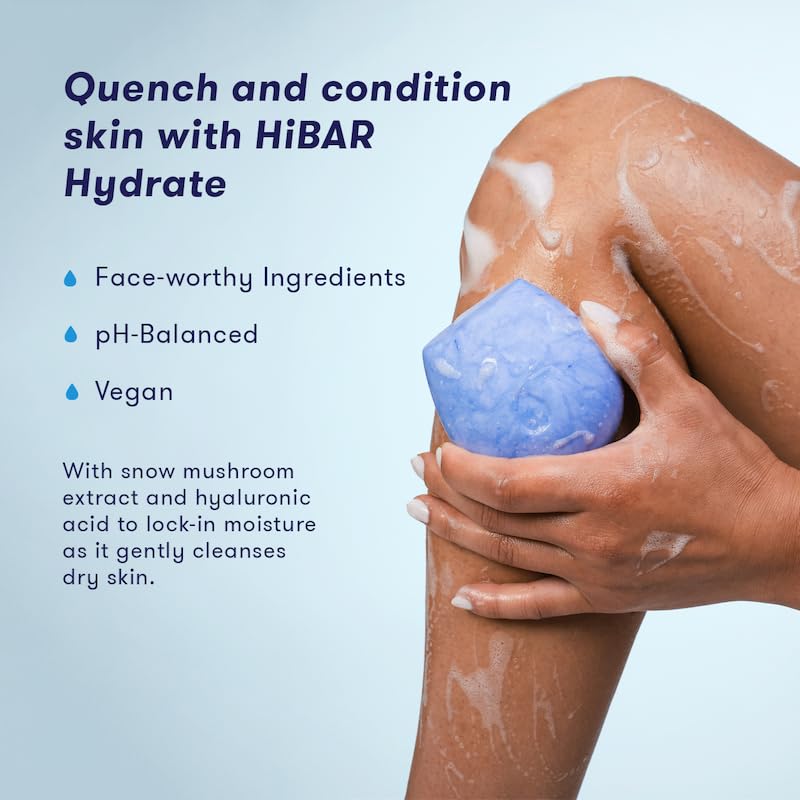 HIBAR - Hydrate Solid Body Wash Bar - Moisturize & Quench - Snow mushroom and hyaluronic acid - Daily Use & Sensitive Skin - Plastic, Paraben & Soap-Free - Vegan - Vanilla + Blue Orchid