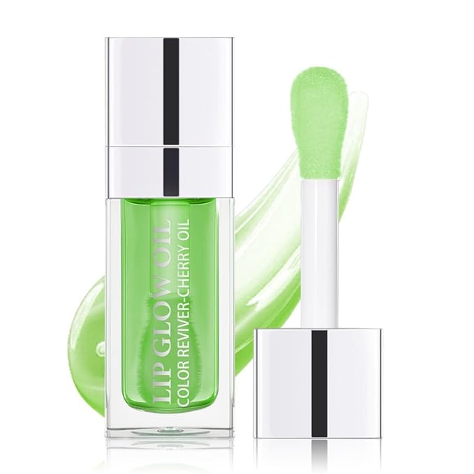Plumping Lip Oil, Hydrating Gloss Tinted Lip Balm Transparent Lip Care, Big Brush Head Glitter Shine, Long Lasting Nourishing Non-sticky Fresh Texture(GREEN APPLE)