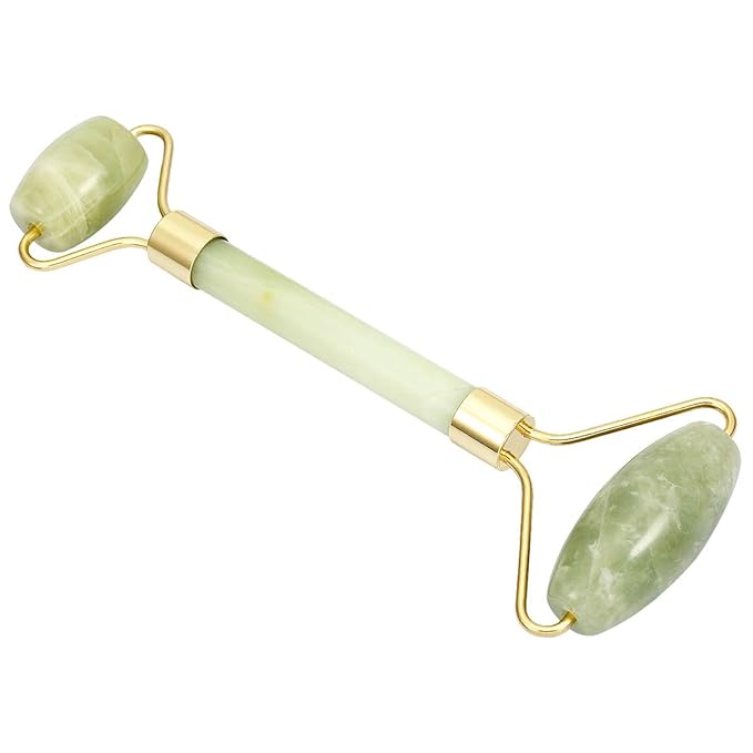 rockcloud Natural Crystal Stone Roller Massager Double Neck Face & Neck Massage Therapy Anti-Aging Wrinkle Healing Slimming Skincare Tool, Xiuyan Jade