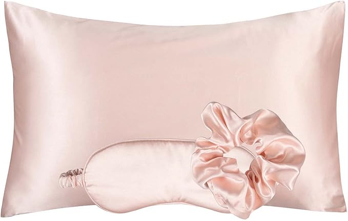 Vegan Silk Sleep Set, Silky Pillowcase with Large Scrunchie and Eye Mask for Hair and Skin, Self Care Essential Satin Night Routine Kit (Blush Color)