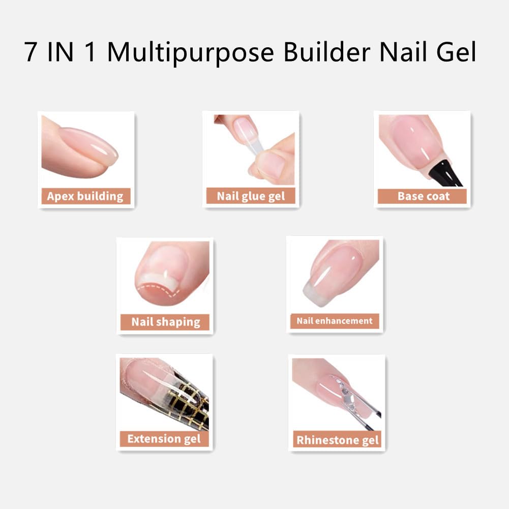 Builder Nail Gel, 7-in-One Clear Builder for Nails, LED Lamp Cured Color Rubber Base Gel Polish Coat Strengthener Thickening Extension Rhinestone Glue in a Bottle for DIY Home Salon Gifts