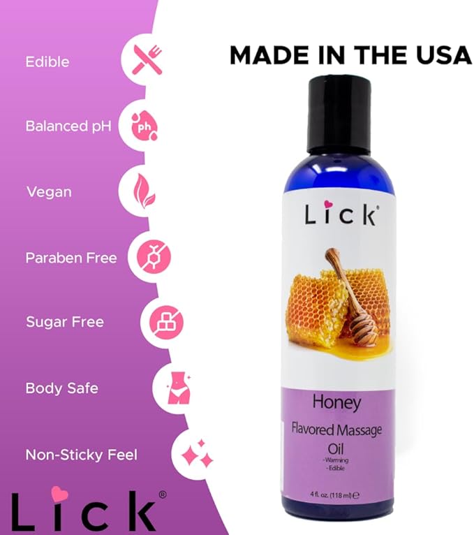 Honey Flavored Massage Oil for Couples – Edible Massaging Lotion with Vitamin E and Sweet Almond and Coconut Oil is Non Sticky and Gentle on Skin – Natural, Relaxing and Vegan Friendly (4 oz)