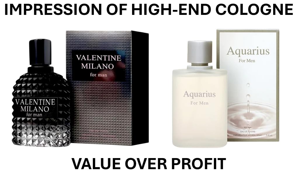 VALENTINE MILANO and (AQUARES Cologne for Men Combo Pack Eau de Toilette Fragrance 3.4oz/100ml, Natural Spray, Long Lasting (Pack of 2))