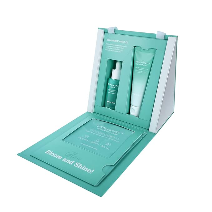 MIZON Cicaluronic Calming Set of 3 with Serum (1.01 Fl Oz) Gel Face Treatment (1.69 Fl Oz) and Water Fit Sheet Face Mask Korean Skincare Kit