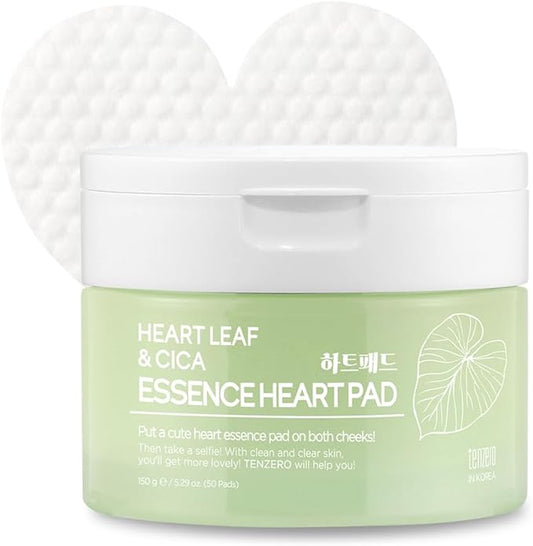 TENZERO Heart Leaf CICA Essence Heart Pad 50ea, Redness Relief Soothing Pore Care for Sensitive Skin, Korean Facial Toner Pads, Hydrating & Refreshing, Centella, 150g