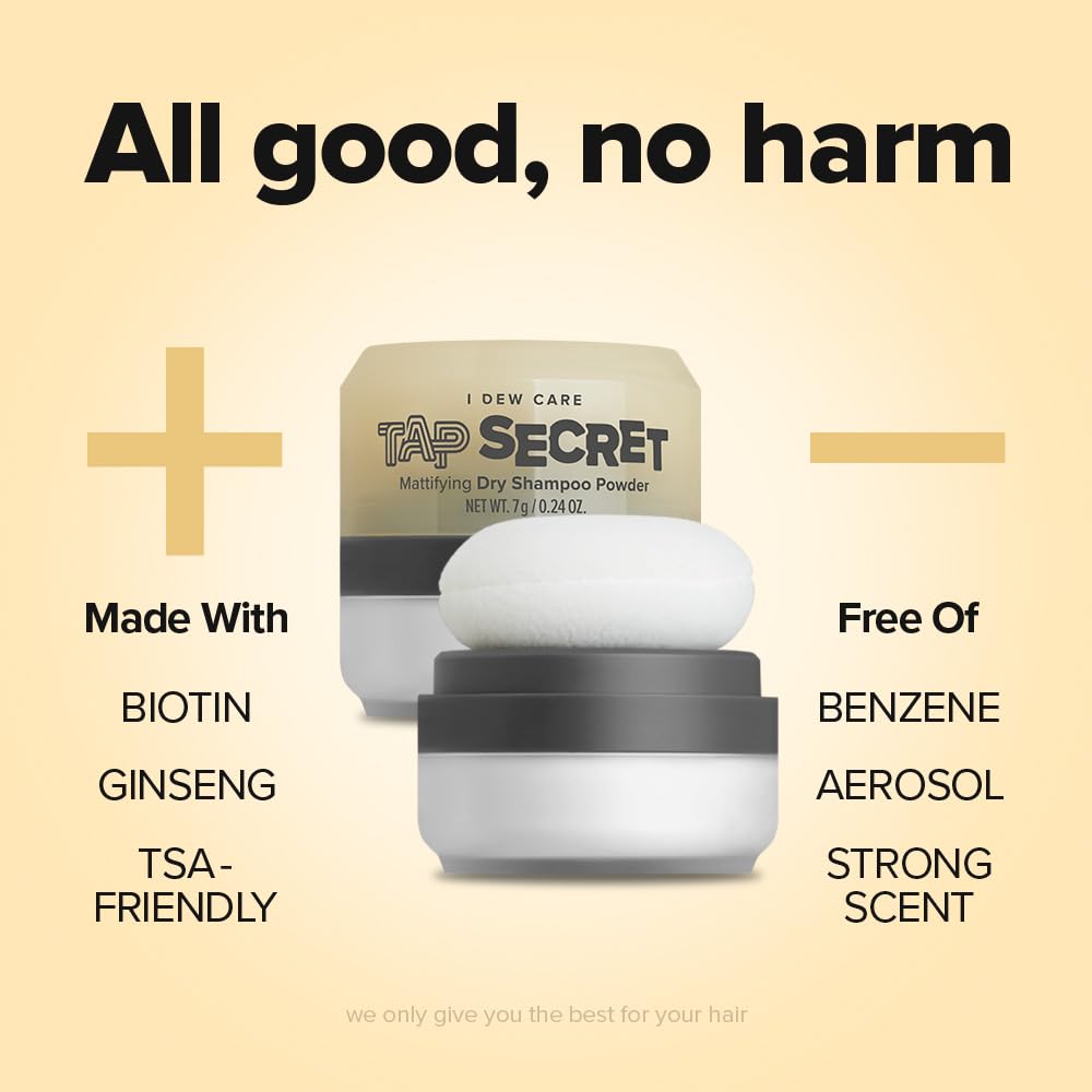 I DEW CARE Tap Secret Dry Shampoo Powder with Biotin - Tap Secret Original | Strengthening & Volumizing, Refillable, Travel size, Non-aerosol, Brunette, Korean Ginseng, Stocking Stuffers, 0.24 Oz