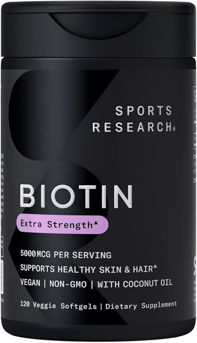 Sports Research Extra Strength Vegan Biotin (Vitamin B) Supplement with Organic Coconut Oil - Supports Keratin for Healthier Hair & Skin - Great for Women & Men - 5,000mcg, 120 Veggie Softgel Capsules