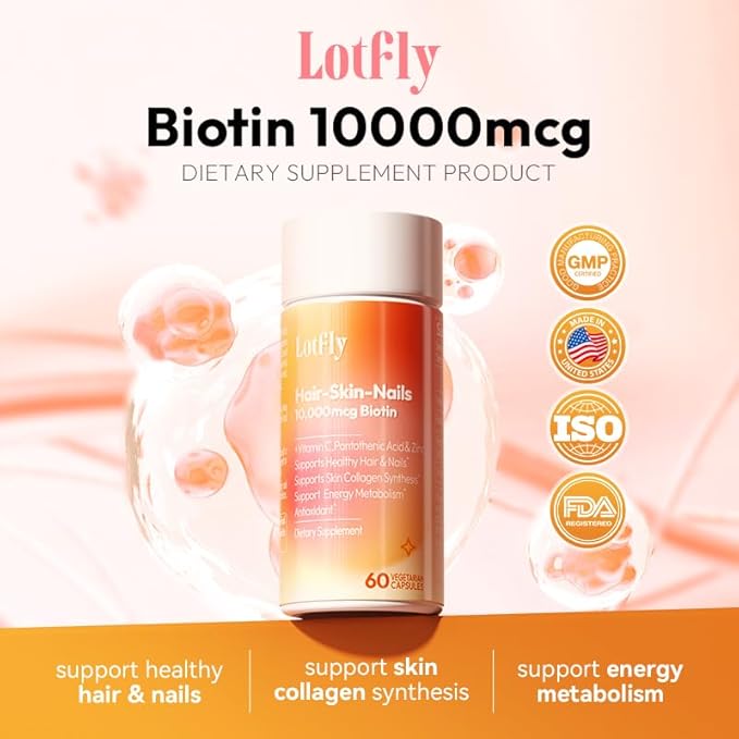 Biotin 10000 mcg with Zinc, Vitamin C & Calcium Pantothenate – Supports Healthy Hair Growth, Strong Nails & Glowing Skin for Women & Men | Made in The USA | 180 Vegan Capsules (6 Months Supply)