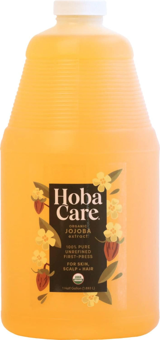HobaCare Bulk Organic Jojoba Oil - Natural 100% Pure Hexane Free Unrefined Carrier Oil for Skincare, Beard, Hair, Face, Scalp Massage, Bath, Facial - Long Shelf Life (64 oz Half Gallon)