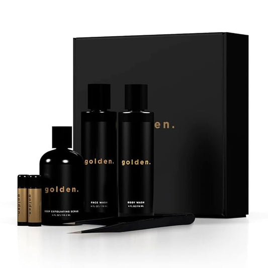 Golden Grooming Co. Essential Skincare Set for Men | Complete Face & Body Care Kit with Face Wash, Exfoliating Scrub, Body Wash, Tweezers & Lip Balms