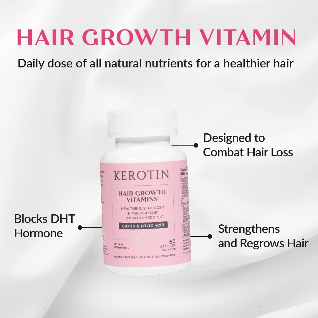 Kerotin Hair Growth Supplement for Longer, Stronger Hair - Enriched with Biotin, Folic Acid, Saw Palmetto to Promote Thick, Healthy Hair Growth (3 Months)