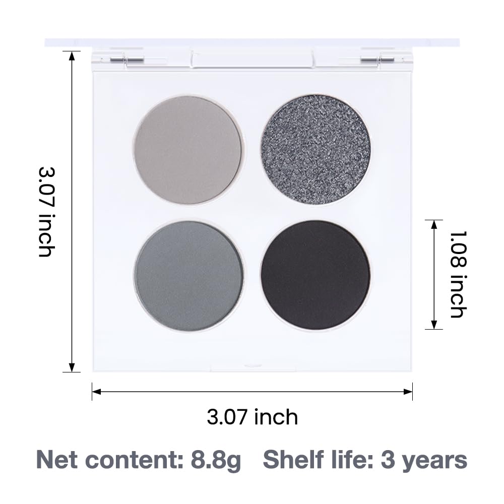 Eyeshadow Quads, 4 Black Smokey Grey Gray Silver Matte Shimmer Eye Shadow Makeup Palette Pigmented Silver Glitter Metallic Eyeshadow Makeup Palette sombra negra para ojos para ojos brillantes 01#