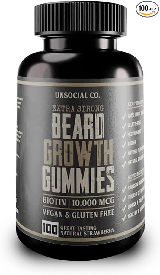 Unsocial Co. Extra Strong Beard Growth Vitamins Gummies | Biotin 10000 MCG | Promotes Strong & Thick Facial Hair Growth for Men | Beard Gummies for Men | Strawberry