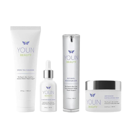 YOUN Beauty 2 Minutes 5 Years Younger Skin Care System by Dr. Anthony Youn – Anti-Aging Skincare Set: Vitamin C Serum, 2.5% Retinol Moisturizer, Green Tea Facial Cleanser & Wash-Off Exfoliating Cream