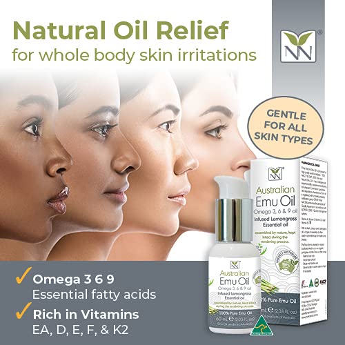 Y-Not Natural Ultra Pure Australian Emu Oil - Luxury, Hospital Grade Emu Oil 60 mL | Free Range Aboriginal Omega 3, 6 & 9 Oil Infused with Lemongrass - The Ultimate Moisturizer for Skin, Hair, Nails, and Scalp