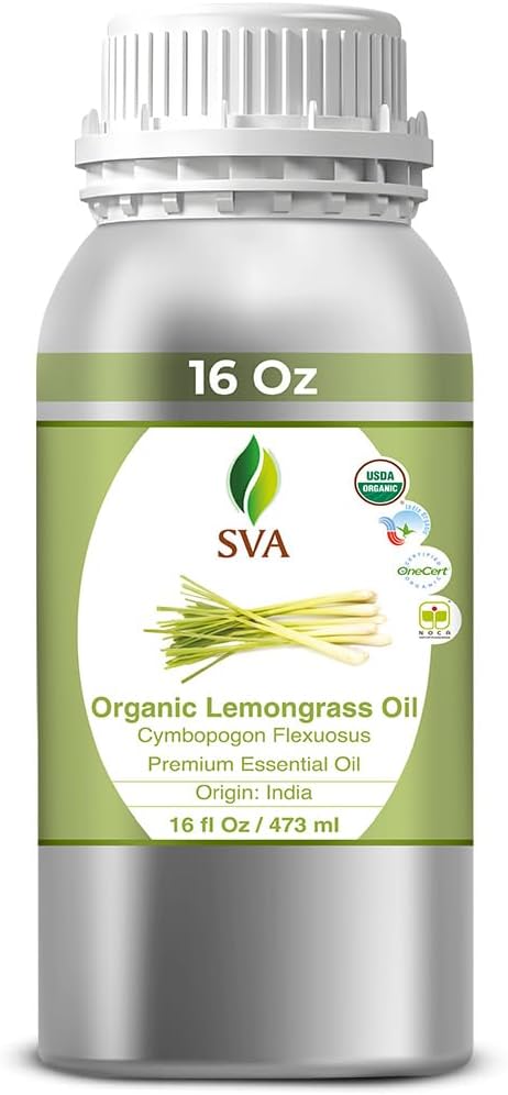 SVA Lemongrass Essential Oil Organic – 16 Fl Oz – 100% Natural Organic Lemongrass Oil for Hair, Face, Skin Care, Diffuser, Aromatherapy, Scalp, Body Massage, Soap and Candle Making