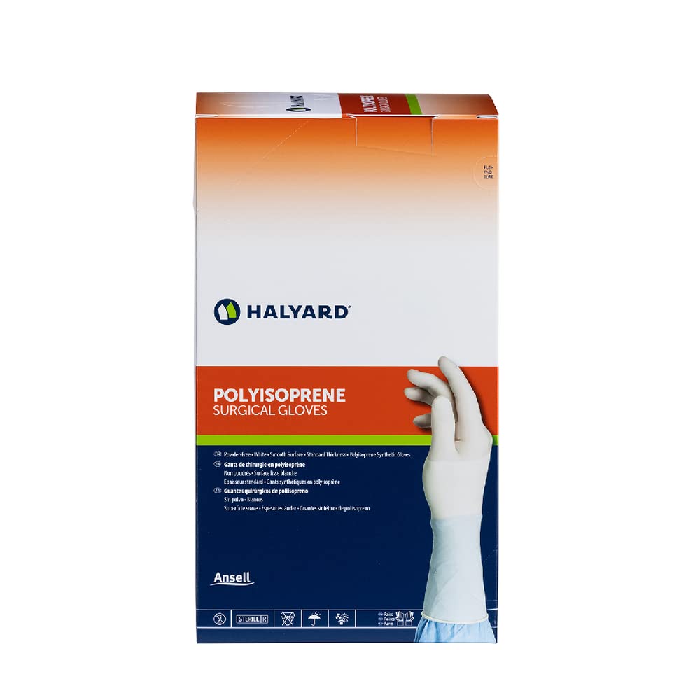 HALYARD Surgical Gloves Sterile Polyisoprene Individually Wrapped Pairs Powder Free Medical Disposable Gloves, 9.4 mil, Size 7.0 Medium, White, SGL95070 (Box of 50 Pairs - 100 Total)