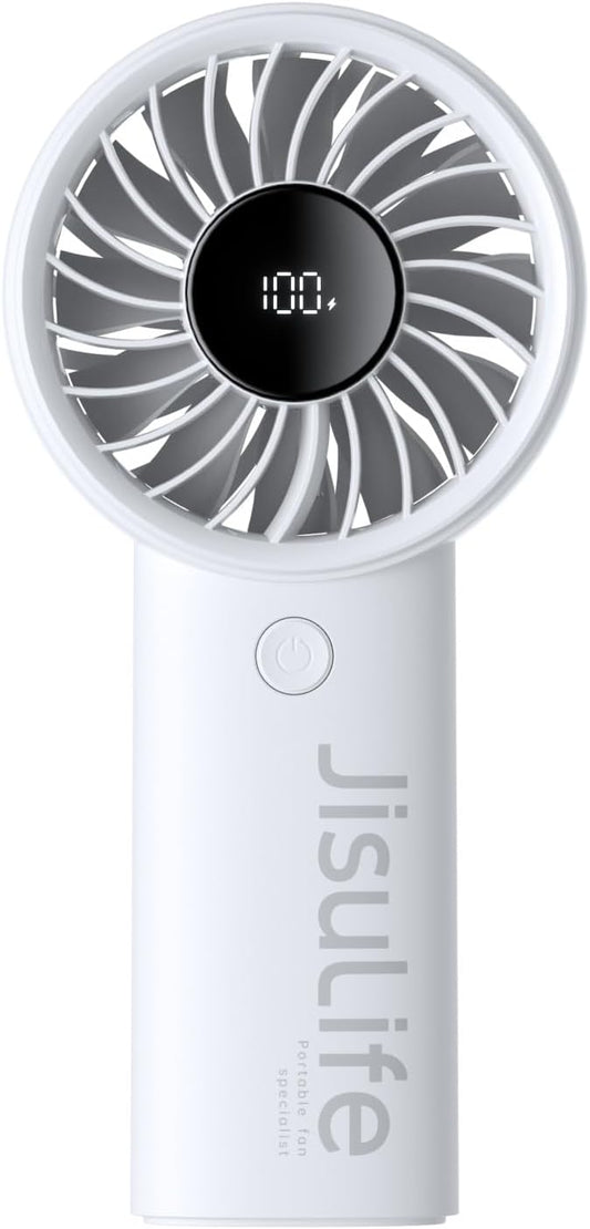 JISULIFE Handheld Portable Fan with Powerful Motor,LED Display,5000mAh Battery,5 Wind Speeds,Lanyard; Summer Essentials USB Rechargeable Hand held Fan for Travel,Beach,Makeup,Concerts-Gery
