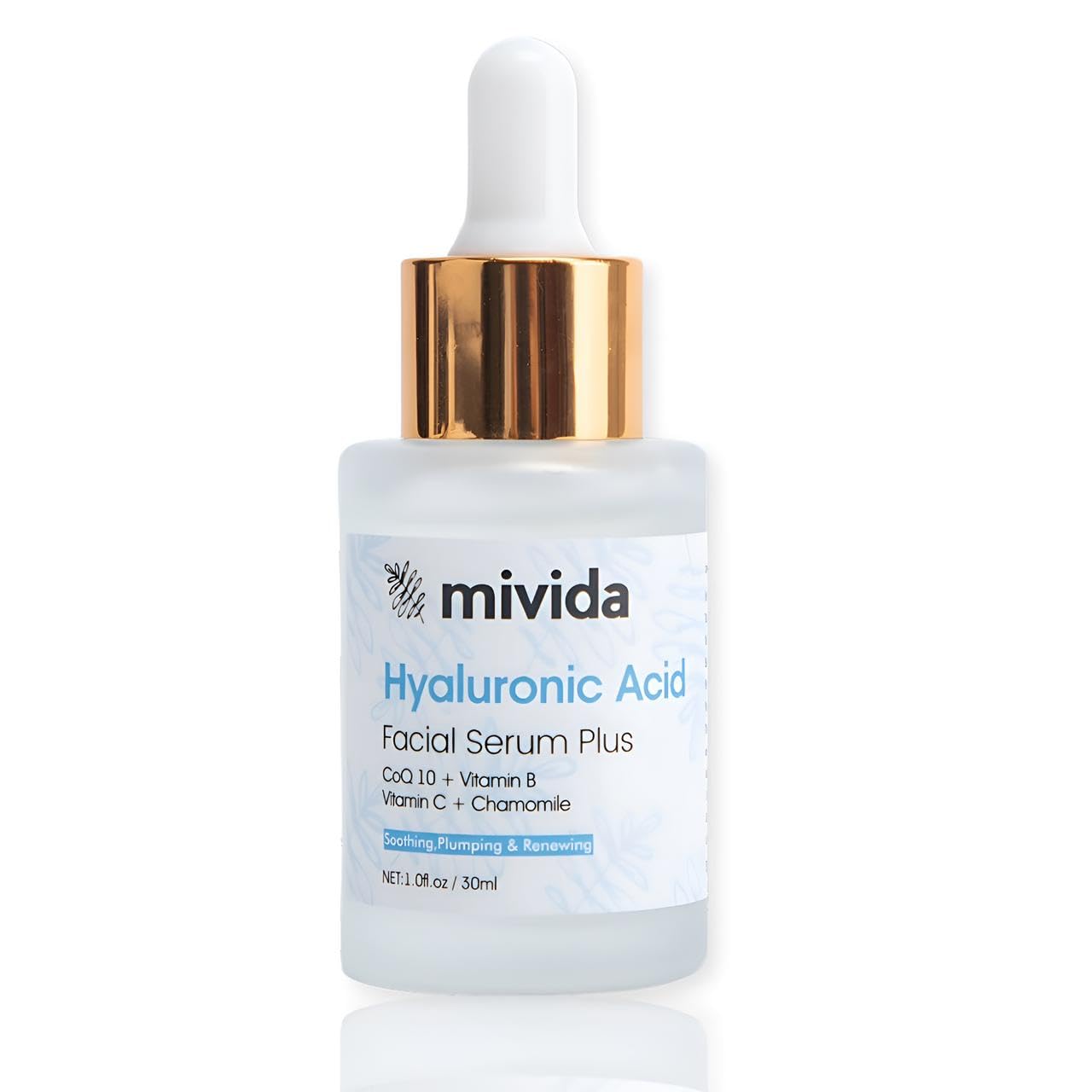 mivida Hyaluronic Acid Serum for Face | Ultimate Hydration & Anti-Aging Facial Serum with CoQ10, Vitamin B, Vitamin C & Chamomile | Soothing, Plumping & Renewing – For Sensitive Skin, Non-Greasy 1floz