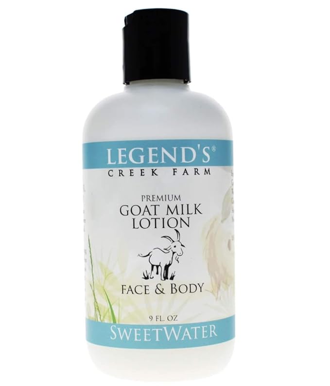 Legend's Creek Farm Goat Milk Lotion - Moisturizing Goat Milk Body Lotion for Body, Hand & Face - 9 oz Body Moisturizer with Shea Butter, Sunflower Oil, Aloe, Handmade in USA (Sweetwater L.)