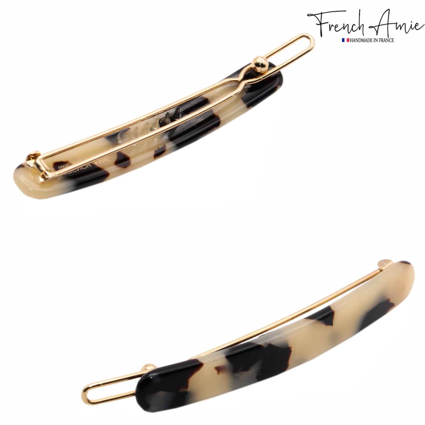 French Amie Rounded Oblong Small 2.5" Cellulose Set of 2 French Hair Clips Tige Boule Handmade Girls Side Slide-in Hair Barrette Clip (White Tokyo)