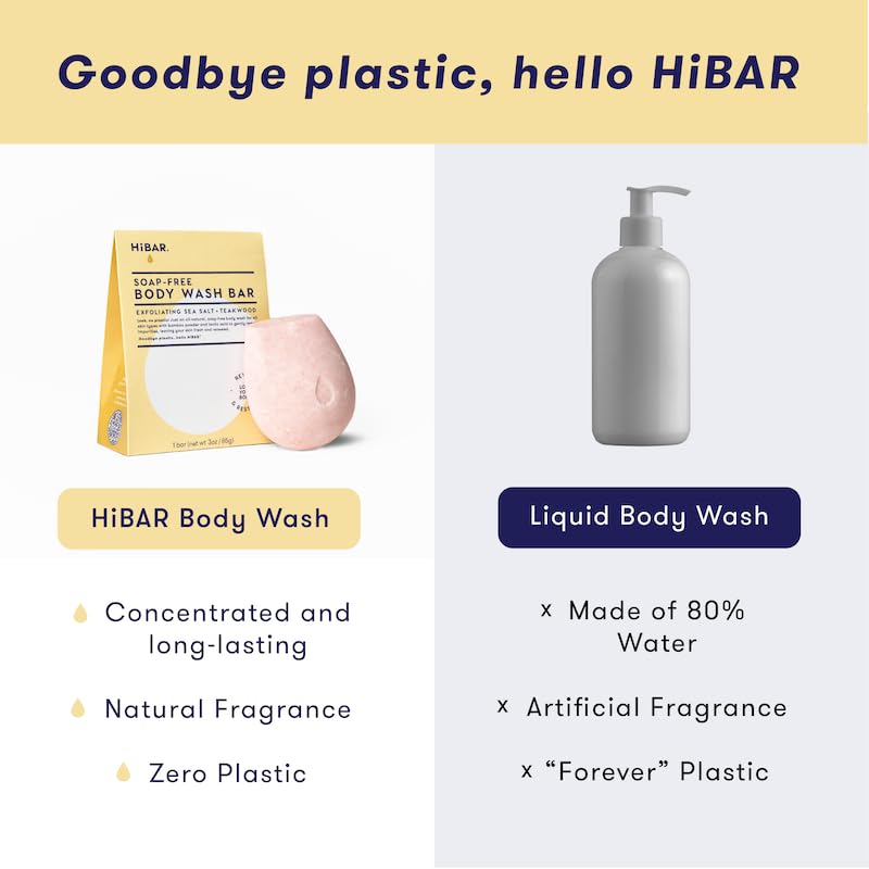 HIBAR - Exfoliate Solid Body Wash Bar - Revive & Restore - With Bamboo Powder & colloidal oat - Daily Use & Sensitive Skin - Plastic, Paraben & Soap-Free - Vegan - Sea Salt + Teakwood