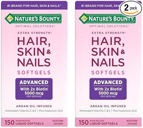 Nature's Bounty Advanced Hair, Skin & Nails, Argan-Infused Vitamin Supplement with Biotin and Hyaluronic Acid, 150 Rapid Release Softgels (Pack of 2)