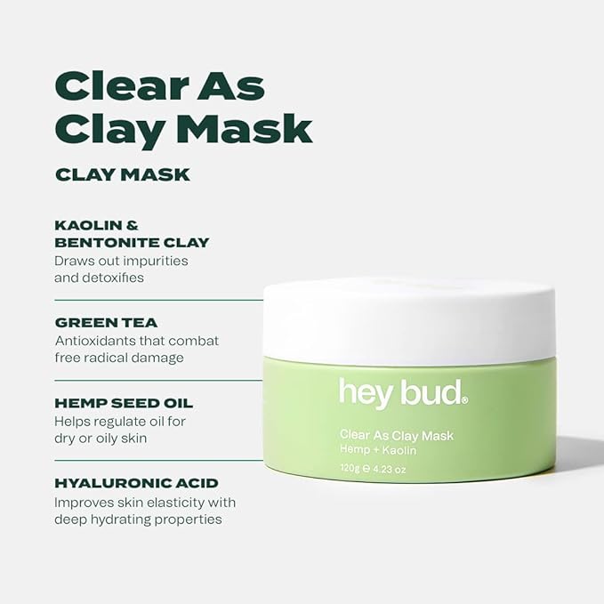 Hey Bud Skincare, Clear as Clay Hemp Clay Mask,120g, Vegan, Cruelty Free, Made in Australia with Clean and Sustainable Ingredients