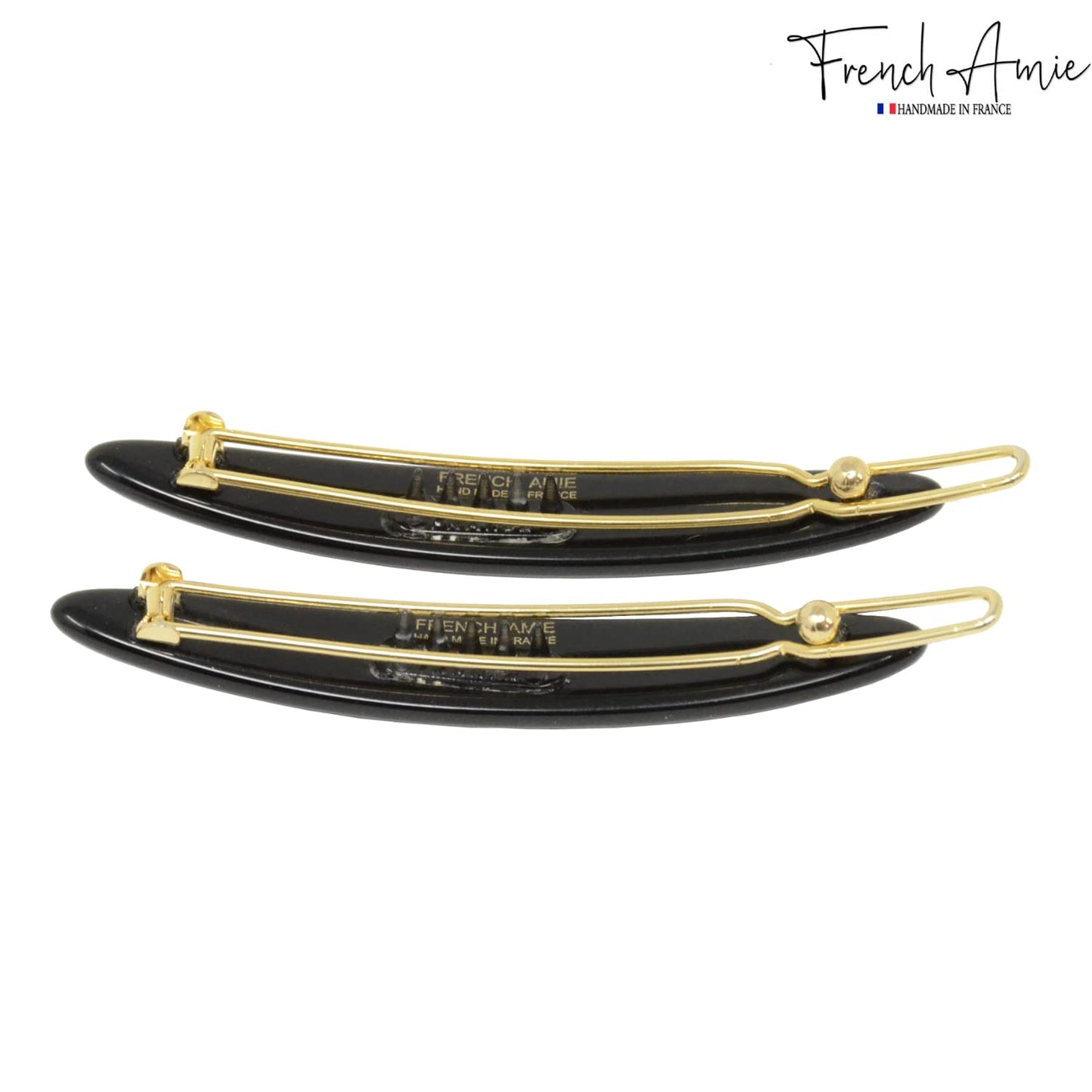 French Amie Narrow Oblong Small 2 1/4" Celluloid Acetate Set of 2 Side Slide In Hair Clip Barrettes with Tige Boule Clasp for Girls and Women, Made in France (Solid Black)