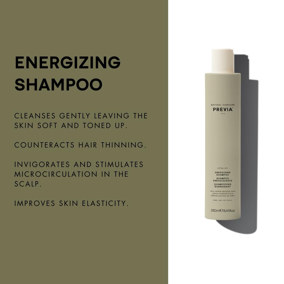 PREVIA Energising Shampoo for Thinning Hair Loss Treatment Vegan Formula with Natural Stem Cells Sulfate and Paraben Free for Thicker Fuller Hair Strengthens Roots and Promotes Hair Growth 8.45 oz