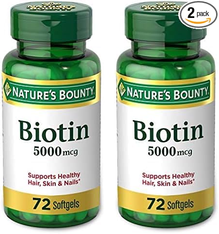 Nature's Bounty Biotin, Vitamin Supplement, Supports Metabolism for Energy and Healthy Hair, Skin, and Nails, 5000 mcg, 72 Softgels (Pack of 2)