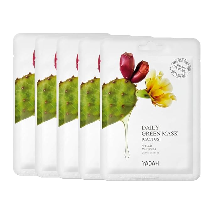 YADAH Daily Green Facial Sheet Mask, Cactus, Pack of 5 – Vegan 100% Eco-friendly Bamboo Sheet for Skin Moisturizing