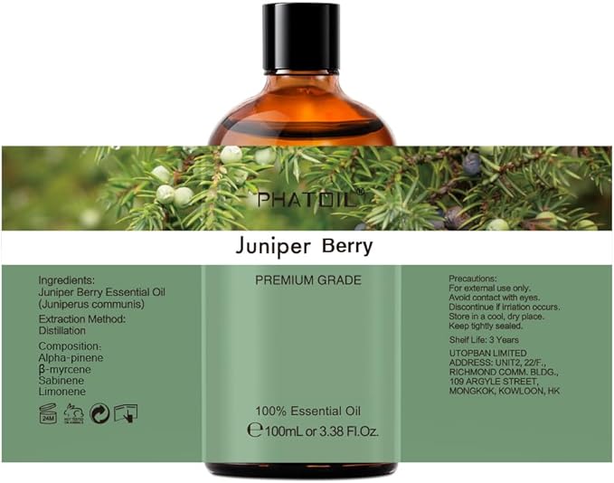 Juniper Berry 3.38fl.oz Essential Oil, PHATOIL Pure Aromatherapy Oils for Diffuser, Humidifier, Perfect for DIY Soap, Candle, Bath Bombs Making(100ml)
