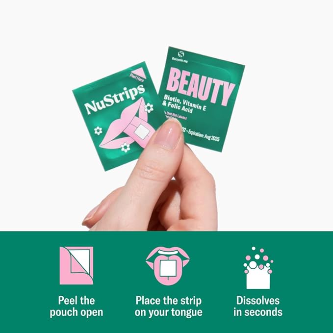 Beauty in a Strip™ | Strawberry Flavored Oral Strips with Biotin, Folate and Vitamin E | Vitamins for Hair, Skin & Nails | Maximum Absorption, Fast Results | 30 Individually Wrapped Strips