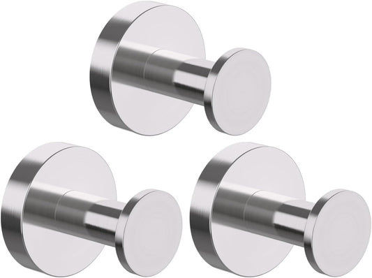 Epock Towel Hooks for Bathrooms Set of 3, Screw-in Stainless Steel Robe Coat Clothes Hook Bathroom & Kitchen Round Style Wall Hooks Rustproof -Blushed Silver