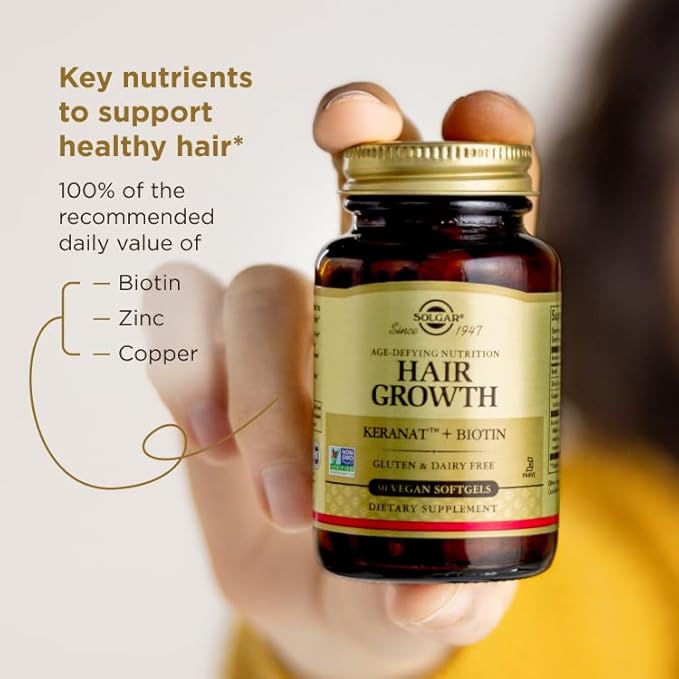 Solgar Hair Growth Age-Defying Nutrition For Men & Women—Thicker Fuller Hair Growth with Keranat Oil, Biotin, Zinc and Copper - One Softgel Daily, Vegan, Dairy, Soy and Gluten Free, 30 Servings