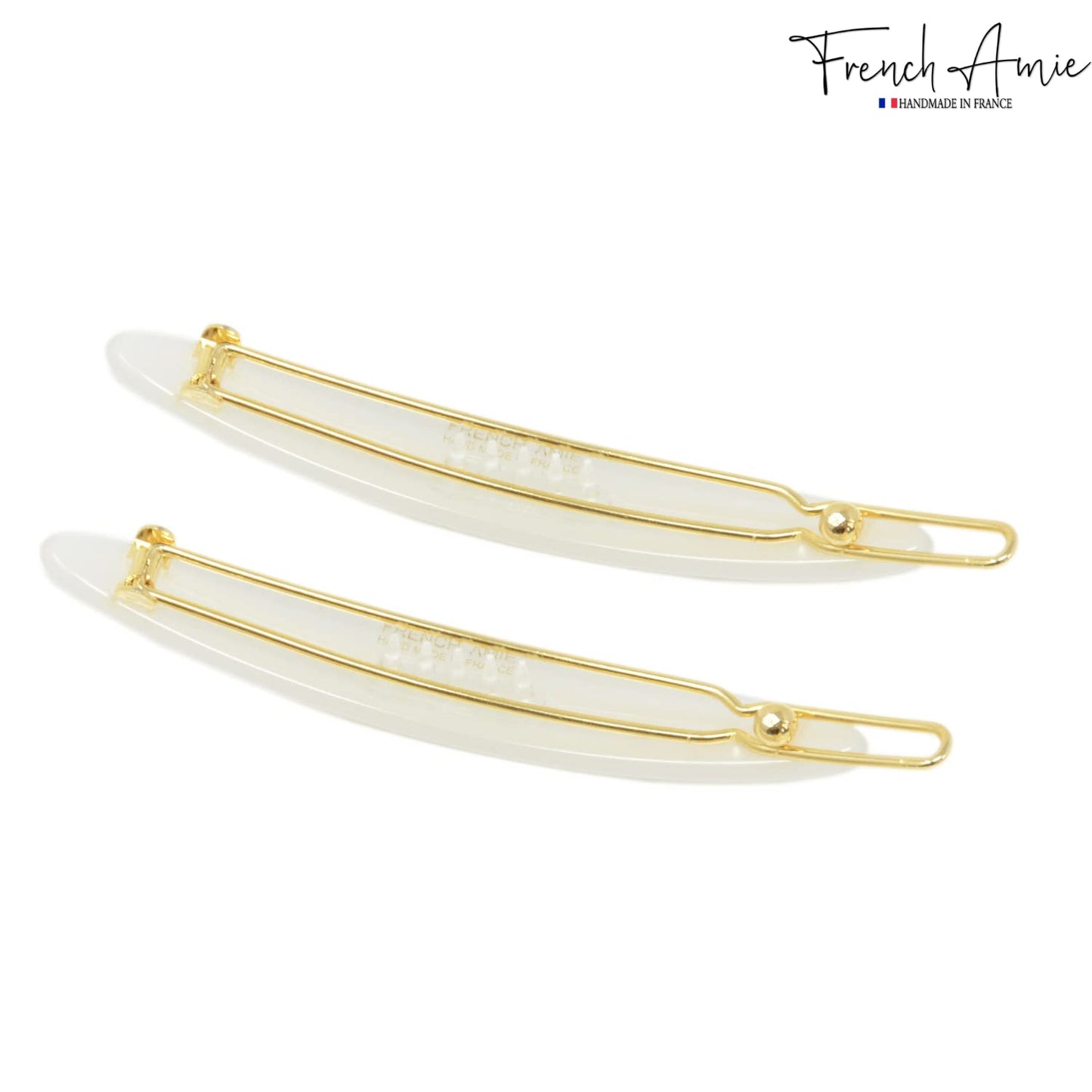 French Amie Narrow Oblong Small 2 1/4" Celluloid Acetate Set of 2 Side Slide In Hair Clip Barrettes with Tige Boule Clasp for Girls and Women, Made in France (Natural White)