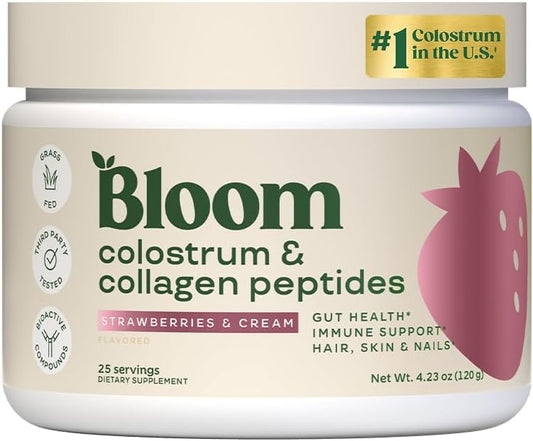 Bloom Nutrition Bovine Colostrum Powder with Vitamin B-12 for Gut Health, Immune Support, Hair Growth & Beauty Supplement | Strawberry, 25 Servings
