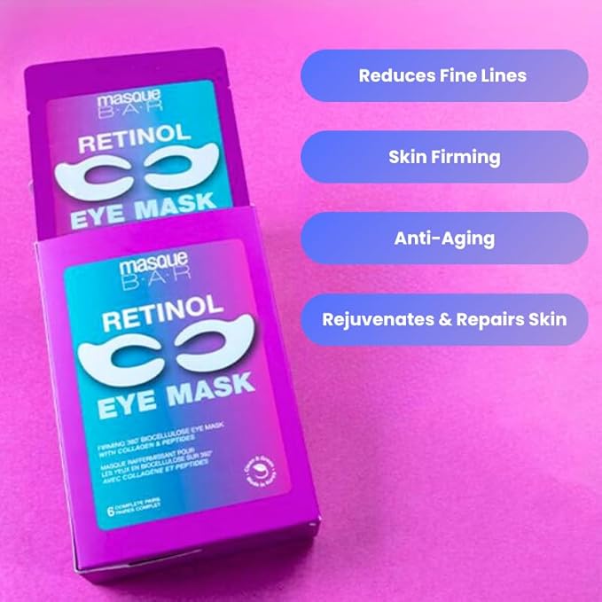 masque BAR Firming 360 Degree Bio Cellulose Retinol Eye Mask - Anti-Wrinkle Eye Patches with Collagen, Peptides, and Hyaluronic Acid - Korean Eye Mask for Skin Firming & Plumping (6pk)