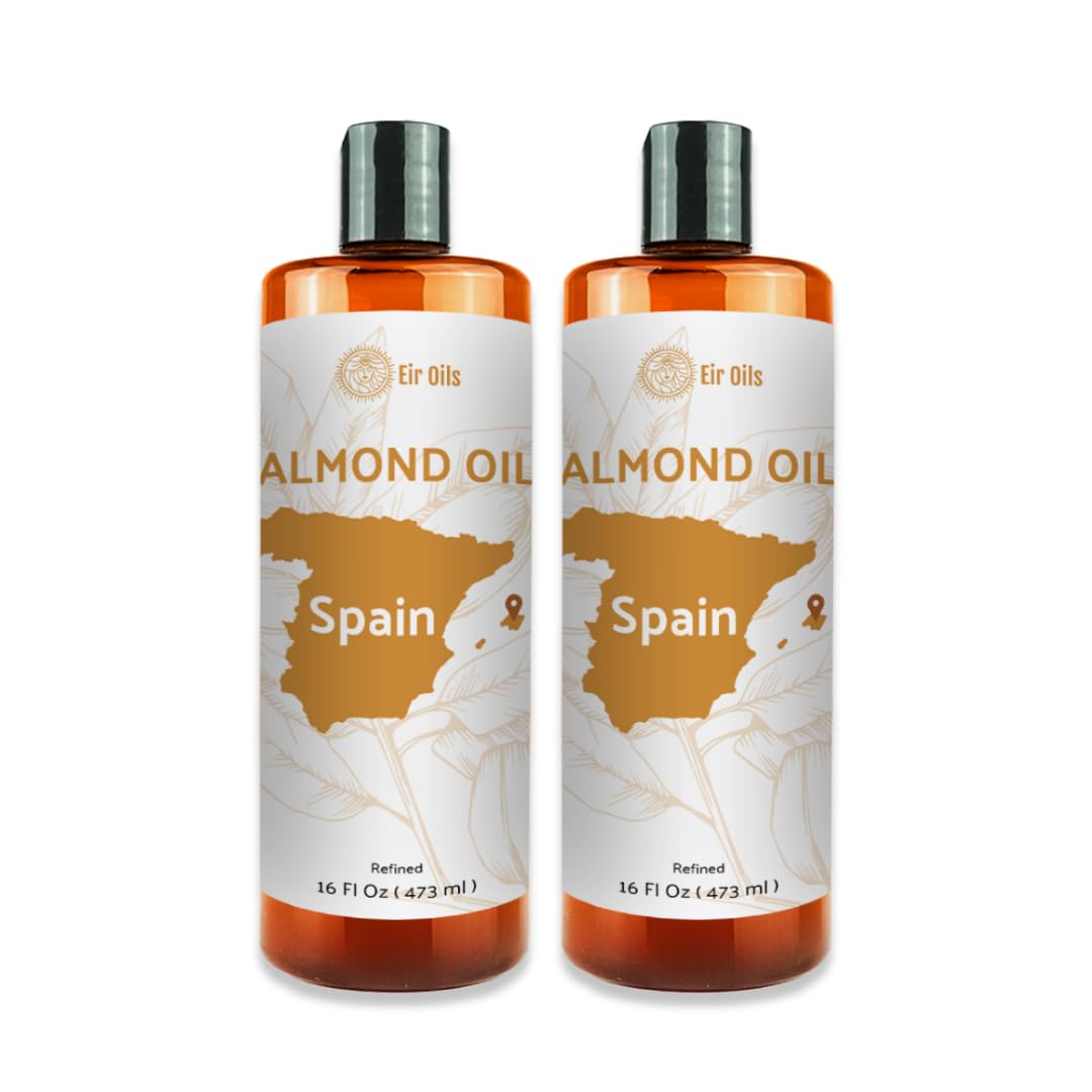 Sweet Almond Oil (16 oz) - for Skin and Hair - Carrier Oil for Essential Oils Mixing - From EIR Oils' Farm in Mallorca, Spain - 2 Packs