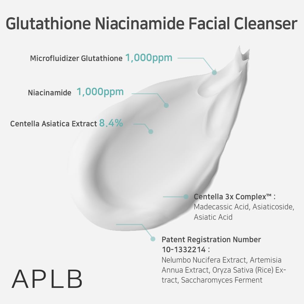 APLB Glutathione Niacinamide Facial Cleanser | LIPO GLUTA NIAC CEN™ 8.6% 2.71 FL.OZ/Korean Skincare, Cares for Tighten Pores & Sebum, Long lasting nourishment and deep moisture for soft skin