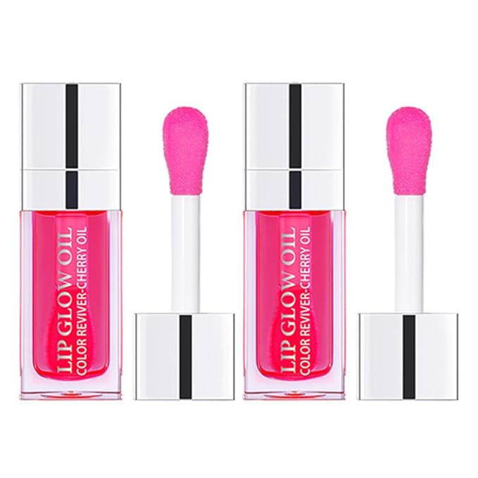 Plumping Lip Oil, Hydrating Gloss Tinted Lip Balm Transparent Lip Care, Big Brush Head Glitter Shine, Long Lasting Nourishing Non-sticky Fresh Texture(2PCS CHERRY)