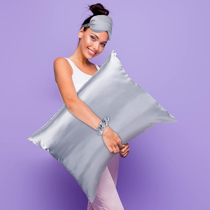 2 Pack Satin Pillowcase with Latent Zipper, Adjustable Satin Eye Mask for Sleeping and Satin Volume Scrunchie for Hair and Skin, Standard Size (Silver,Classic Style)