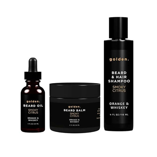Golden Grooming Co. Everyday Beard Bundle – Complete Beard Care Set | Includes Beard Oil, Balm & Shampoo (Regular, Smoky Citrus - Limited Edition)